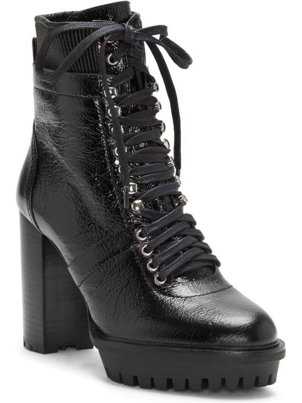 Vince Camuto Black Ermania Lace-Up Lug Sole Block Heel Ankle Boot